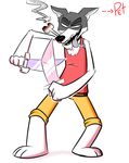  bone canine clothing dog doggo_(undertale) english_text male mammal melee_weapon shirt solo sword text tongue tongue_out weapon 