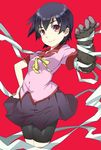  bakemonogatari bandages bike_shorts black_hair gedou_(ge_ge_gedou) highres kanbaru_suruga monogatari_(series) red_eyes school_uniform solo standing 