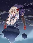  :d bent_over blonde_hair commentary darkness dress fang hair_ribbon hiedanotsukai ink open_mouth pointy_ears red_footwear ribbon rumia shoes short_hair single_wing smile solo thighhighs touhou tsurime wings 