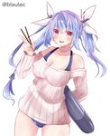  bad_id bad_pixiv_id blue_hair breasts fang food hair_ornament hair_ribbon i-19_(kantai_collection) kantai_collection large_breasts long_hair masayo_(gin_no_ame) off-shoulder_sweater one-piece_swimsuit open_mouth pocky red_eyes ribbed_sweater ribbon school_swimsuit smile solo star star-shaped_pupils sweater swimsuit swimsuit_under_clothes symbol-shaped_pupils torpedo tri_tails twintails twitter_username 
