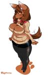  anthro big_breasts breasts brown_hair canine cleavage clothed clothing dog fangs female footwear hair keyhole_turtleneck legwear lightsource looking_at_viewer mammal open_mouth pawprint shoes simple_background skirt solo standing stockings sweater white_background 