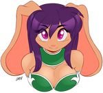  anthro breasts brown_fur chalo cleavage clothed clothing female floppy_ears fur hair lagomorph leto_(scorpdk) long_hair looking_at_viewer mammal pink_nose purple_eyes purple_hair rabbit smile solo 