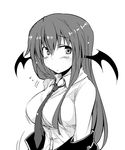  :&lt; bat_wings blush breasts chata_maru_(irori_sabou) collared_shirt demon_girl dress_shirt flying_sweatdrops greyscale halftone head_wings highres koakuma large_breasts long_hair long_sleeves looking_at_viewer monochrome necktie shirt sidelocks simple_background solo touhou undressing upper_body vest white_background wings 
