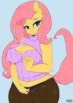  2016 anthro anthrofied blue_background blush breasts camel_toe cleavage clothed clothing equine female fluttershy_(mlp) friendship_is_magic hair hi_res horse legwear long_hair looking_at_viewer loopend mammal my_little_pony pantyhose pink_hair pony simple_background solo underwear 