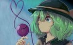  aqua_hair bad_id bad_pixiv_id blue_background frown green_eyes hand_up hat hat_ribbon heart heart_of_string komeiji_koishi looking_to_the_side paguningen portrait ribbon short_hair simple_background solo tears third_eye touhou 