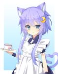  alternate_costume animal_ears apron arm_at_side bangs blue_background blue_eyes blush bunny buttons cat_ears crescent crescent_hair_ornament cup dress eyebrows eyebrows_visible_through_hair flower gradient gradient_background hair_ornament holding kantai_collection kemonomimi_mode long_hair maid parted_lips plate puffy_short_sleeves puffy_sleeves purple_hair rateratte saucer short_hair_with_long_locks short_sleeves solo upper_body white_apron wristband yayoi_(kantai_collection) 