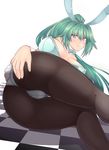  animal_ears ass breasts bunny_ears bunny_girl bunnysuit cleavage dura green_hair green_heart highres large_breasts long_hair looking_at_viewer neptune_(series) pantyhose ponytail power_symbol purple_eyes smile solo symbol-shaped_pupils 