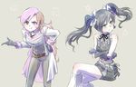  alternate_costume belt black_hair bow crossed_arms dual_persona green_eyes hand_on_hip heterochromia iesupa jewelry midriff multicolored_hair navel necklace neo_(rwby) pink_eyes pout purple_eyes rwby skirt twintails white_hair 