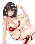  anklet arm_support belt bikini black_hair blush bracelet breasts butt_crack choker cleavage downpants earrings eyewear_on_head from_above green_eyes grin high_heels highres jewelry large_breasts long_hair looking_at_viewer namaiki! o-ring o-ring_bottom o-ring_top original red_bikini red_footwear shoes sitting smile solo string_bikini sunglasses sweat swimsuit warabino_matsuri 