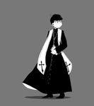  ahoge alternate_costume bad_id bad_pixiv_id black_hair book cassock cross cross_necklace cross_print full_body grey_background holding holding_book jewelry light_smile long_sleeves looking_away looking_to_the_side male_focus matsuno_karamatsu necklace osomatsu-kun osomatsu-san priest sameko simple_background solo standing stole white_skin 