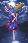  a-lapin animal_ears barefoot blue_dress blue_hair bow bunny_ears cloud crescent_print dress ear_clip floating full_moon hair_bow hammer head_tilt highres kine lake legs looking_at_viewer lunar_halo mallet moon moon_print moonlight mountain night night_sky pale_skin print_dress red_eyes reflection ripples seiran_(touhou) short_sleeves silhouette sky solo split_ponytail star star_(sky) star_print starry_sky starry_sky_print tongue tongue_out touhou water 