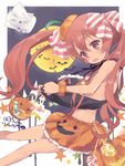  brown_eyes brown_hair candy fang food halloween_costume hat kantai_collection libeccio_(kantai_collection) lollipop long_hair oluha open_mouth pumpkin ribbon smile solo twintails 