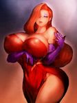  ass bare_shoulders breasts cleavage covered_navel covered_nipples curvy dress earrings elbow_gloves eyeshadow fumio_(rsqkr) gloves gradient gradient_background hair_over_one_eye huge_breasts jessica_rabbit jewelry light_smile lips lipstick long_hair makeup purple_background purple_gloves red_background red_dress red_eyes red_hair slender_waist solo thick_thighs thighs who_framed_roger_rabbit wide_hips 