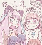  2girls animal_ears bangs blue_eyes blunt_bangs blush braid brown_eyes brown_hair cat_ears cat_tail cross_eyed fish freckles gloves hashimoto_nyaa heart heart_in_mouth juushimatsu's_girlfriend long_hair lowres matsuno_juushimatsu multicolored_hair multiple_girls osomatsu-kun osomatsu-san paw_gloves paws pink_hair sanjiro_(tenshin_anman) school_uniform skirt smile streaked_hair tail 