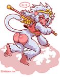  2016 :d ass breasts cloud from_behind full_body fur genderswap journey_to_the_west long_hair looking_back monkey_girl monkey_tail monster_girl open_mouth pink_eyes shake-o sideboob simple_background smile solo staff sun_wukong tail twitter_username vest white_background white_hair 