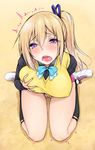  blonde_hair blush breast_hold breasts breath covered_nipples fingering highres kawakami_mai large_breasts libre long_hair looking_at_viewer masturbation mole mole_under_eye musaigen_no_phantom_world open_mouth self_fondle side_ponytail solo sweat thighs trembling 