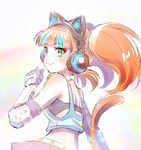  axent_wear bell bell_collar bra cat_ear_headphones cat_tail collar fangs gloves green_eyes headphones iesupa looking_back neon_katt orange_hair quad_tails rwby skirt smile solo tail underwear upper_body 