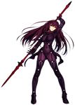  bodysuit breasts covered_navel fate/grand_order fate_(series) full_body gae_bolg highres koyama_hirokazu large_breasts long_hair looking_at_viewer non-web_source official_art parted_lips pauldrons polearm purple_bodysuit purple_hair red_eyes scathach_(fate)_(all) scathach_(fate/grand_order) smile solo spear transparent_background very_long_hair weapon 