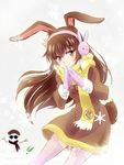  animal_ears brown_eyes brown_hair bunny_ears coco_adel earmuffs iesupa long_hair rwby scarf smile snowflakes snowman solo velvet_scarlatina 