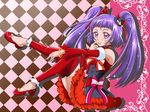  argyle argyle_background arm_warmers black_hat bow choker cure_magical earrings full_body hair_bow hanzou hat izayoi_liko jewelry long_hair looking_at_viewer magical_girl mahou_girls_precure! mini_hat mini_witch_hat pink_background precure purple_eyes purple_hair red_bow red_footwear red_legwear red_skirt ruby_style shoes sitting skirt smile solo star star_earrings striped striped_bow thighhighs twintails witch_hat 