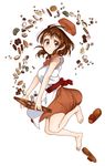  bare_arms barefoot brown_eyes brown_hair candy carrying_under_arm floating floating_hair floating_object food full_body hat highres inushi looking_at_viewer nisekoi onodera_kosaki sandals shoes_removed simple_background smile solo tray white_background 