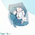  akemi_homura bed_sheet black_hair blue_background coffin dress hanyae headband holding hug kaname_madoka mahou_shoujo_madoka_magica mahou_shoujo_madoka_magica_movie pink_hair sleeping tagme 