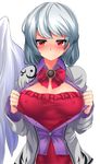  blush bow bowtie breasts collared_shirt covered_nipples dress eyebrows eyebrows_visible_through_hair eyelashes grey_jacket highres hitotsuki_nebura jacket kishin_sagume large_breasts md5_mismatch open_clothes open_jacket open_shirt purple_shirt red_bow red_dress red_eyes red_neckwear shirt short_hair silver_hair simple_background single_wing smile solo tears touhou unbuttoned undressing upper_body white_background white_wings wings 