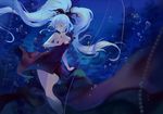  air_bubble arm_at_side bangs black_dress blurry bubble closed_mouth collarbone criin dark depth_of_field dress floating_hair frills glowing hair_ornament holding_strap long_hair ocean original shinkai_shoujo_(vocaloid) sleeveless sleeveless_dress smile solo submerged tears twintails underwater very_long_hair vocaloid white_hair 