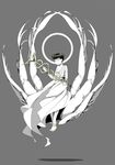  :&lt; alternate_costume ankle_wings ankle_wrap bad_id bad_pixiv_id bare_shoulders barefoot black_hair caduceus chiton closed_eyes closed_mouth collarbone feathered_wings floating full_body grey_background halo head_wreath highres holding holding_staff leaf male_focus matsuno_choromatsu multiple_wings osomatsu-kun osomatsu-san sameko simple_background snake solo staff white_skin wings 