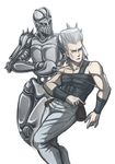  1boy abs blue_eyes dated earrings emeraudolupus highres jean_pierre_polnareff jewelry jojo_no_kimyou_na_bouken male_focus muscle pointing pouch rapier signature silver_chariot silver_hair stand_(jojo) sword weapon wristband 