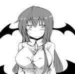  bat_wings blush breasts chata_maru_(irori_sabou) collared_shirt demon_girl dress_shirt embarrassed greyscale halftone head_wings highres koakuma large_breasts long_hair long_sleeves looking_at_viewer low_wings monochrome necktie shirt sidelocks simple_background solo touhou upper_body white_background wings 