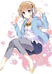  brown_eyes brown_hair flower hair_flower hair_ornament hanasaku_iroha headphones highres hood hoodie jacket leggings matsumae_ohana short_hair solo toumi_tomi 