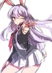  ;) alternate_eye_color animal_ears blazer blouse blush bunny_ears bunny_tail closed_mouth from_side hair_between_eyes hand_on_hip highres jacket lavender_eyes lavender_hair long_hair long_sleeves necktie one_eye_closed pleated_skirt pointing pointing_at_viewer pointing_finger red_neckwear reisen_udongein_inaba simple_background skirt smile solo standing tail takeshima_(nia) touhou white_background wind 