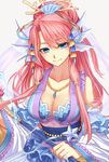  bangs beads blue blue_eyes breasts cleavage collarbone coral detached_sleeves diine_(shironeko_project) eyebrows eyebrows_visible_through_hair frills hagoromo hair_ornament hair_stick head_fins highres holding holding_staff hujitaumi jewelry large_breasts long_hair looking_at_viewer necklace parted_bangs pink_hair ringed_eyes sash shawl shell_hair_ornament shironeko_project simple_background smile solo staff upper_body wide_sleeves 