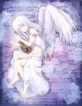  bad_id bad_pixiv_id closed_eyes highres instrument long_hair lying on_side original silver_hair solo veilrain violin wings 