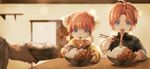  1girl ahoge bamboo_steamer bangs baozi blue_eyes blurry bokeh bowl brother_and_sister bun_cover child chinese_clothes chopsticks depth_of_field double_bun eating eyebrows eyebrows_visible_through_hair food food_in_mouth food_on_face gintama hands holding hood hood_down indoors j.w kagura_(gintama) kamui_(gintama) long_hair long_sleeves open_door orange_hair out_of_frame rice siblings sleeves_rolled_up steam table younger 