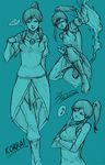  avatar_(series) character_name crossed_arms dated eighth_note fighting_stance fire hatching_(texture) korra monochrome multiple_views musical_note ponytail signature sketch spoken_musical_note the_legend_of_korra tryvor twintails 