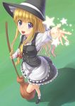  black_skirt blonde_hair blue_eyes hat kirisame_marisa long_hair looking_at_viewer open_mouth skirt socks solo star touboku touhou white_legwear witch_hat 