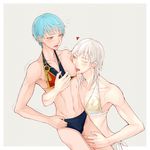  adapted_costume aqua_hair bikini bikini_pull blush heart highres hiroe_(305410) ichigo_hitofuri licking male_focus multiple_boys nipple_licking nipples one_eye_closed swimsuit tongue tongue_out touken_ranbu tsurumaru_kuninaga white_hair yaoi yellow_eyes 