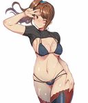  beatrix_(granblue_fantasy) bikini breasts brown_eyes brown_hair covered_nipples granblue_fantasy highres katsudansou medium_breasts navel one_eye_closed ponytail solo sweat swimsuit thighhighs v 