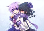  bag black_hair blush choujigen_game_neptune_mk2 d-pad d-pad_hair_ornament hair_ornament hair_ribbon hug long_hair mizunashi_(second_run) multiple_girls nepgear neptune_(series) open_mouth purple_hair red_eyes ribbon scarf school_bag school_uniform shared_scarf snowflakes two_side_up uni_(choujigen_game_neptune) yuri 