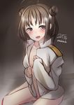  ahoge bad_id bad_pixiv_id blush brown_background brown_hair commentary_request dated heart heart-shaped_pupils kantai_collection naka_(kantai_collection) nekobaka partially_undressed sitting smile solo symbol-shaped_pupils twitter_username wariza 
