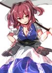  :d blush breasts cleavage collarbone cowboy_shot eyebrows eyebrows_visible_through_hair hair_between_eyes hand_on_hip highres holding holding_weapon large_breasts leaning leaning_forward looking_at_viewer onozuka_komachi open_mouth over_shoulder polearm puffy_short_sleeves puffy_sleeves red_eyes red_hair sash scythe short_hair short_sleeves simple_background smile solo takeshima_(nia) touhou tsurime two_side_up underbust weapon white_background 