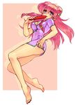  alternate_hair_color bare_legs barefoot chinese_clothes cleavage_cutout closed_fan double_bun dress fan feet folding_fan full_body highres long_hair nail_polish parted_lips pink_hair purple_dress purple_eyes ranma_1/2 shampoo_(ranma_1/2) short_dress simple_background siori solo toenail_polish 