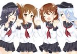  ^_^ akatsuki_(kantai_collection) black_gloves blue_eyes blush brown_eyes brown_hair closed_eyes fang folded_ponytail gloves hair_ornament hairclip hibiki_(kantai_collection) ikazuchi_(kantai_collection) inazuma_(kantai_collection) interlocked_fingers kantai_collection long_hair maccha multiple_girls neckerchief one_eye_closed open_mouth purple_eyes red_neckwear school_uniform serafuku short_hair silver_hair skirt smile 