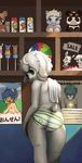  anthro briefs caprine clothing goat looking_at_viewer looking_back male mammal rear_view ruugiaruu shelves solo standing striped_underwear towel underwear 