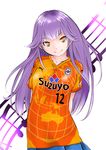  beamed_eighth_notes harazaki_(pixiv6010259) haruchika homura_chika long_hair musical_note product_placement purple_hair skirt smile solo sportswear staff_(music) volleyball_uniform yellow_eyes 