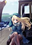  aircraft_carrier atago_(kantai_collection) battleship beret black_gloves blonde_hair boat breasts crossed_legs gloves green_eyes hat highres kantai_collection kousaka_yami large_breasts lips long_hair military military_uniform military_vehicle ocean pantyhose ship sitting solo uniform warship watercraft 