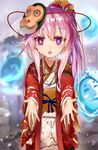  alternate_costume alternate_hairstyle efe floral_print hata_no_kokoro japanese_clothes kimono long_sleeves looking_at_viewer monkey_mask obi open_mouth outstretched_arms pink_eyes pink_hair ponytail sash solo touhou wide_sleeves 