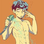  bad_id bad_twitter_id black_hair commentary hatching_(texture) jyuu limited_palette lowres male_focus muscle one_eye_closed orange_background osomatsu-kun osomatsu-san parted_lips shower_head simple_background soap_bubbles solo upper_body wet 
